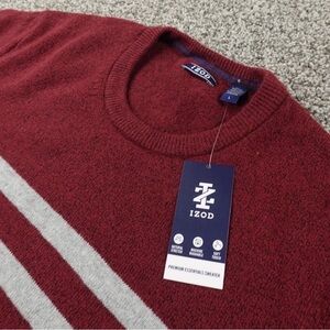 NWT Izod Men's Burgundy Crewneck Knit Sweater with Light Gray Stripes